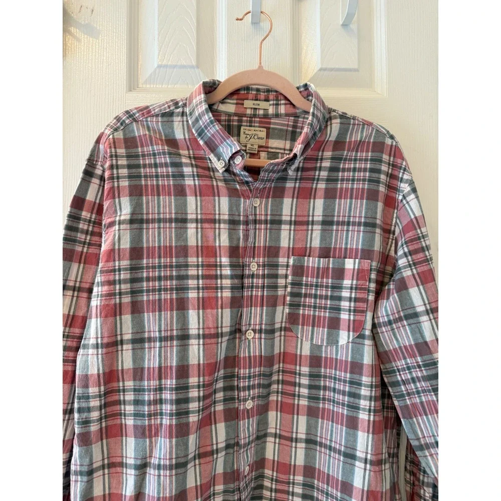 J.Crew Indian Madras Slim‎ Fit Shirt XL Plaid Red Gray Blue 100% Cotton Preppy